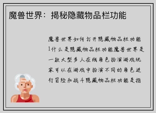 魔兽世界：揭秘隐藏物品栏功能